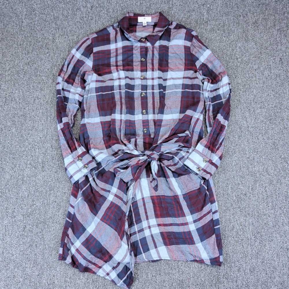 Socialite Grunge Plaid Tie Front Button Down Shirt Dress Womens‎ Small Burgundy